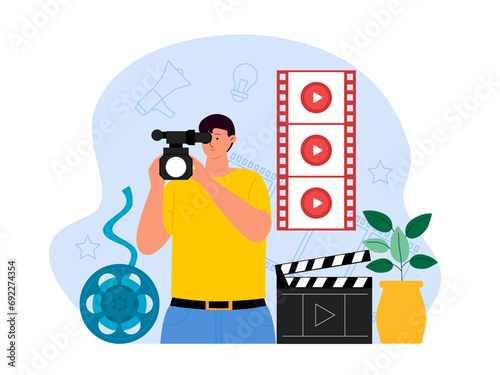 Cameraman is taking pictures. Film industry illustration.