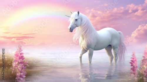 Surreal scene of a unicorn amidst pink flowers under a soft  pastel sunset.