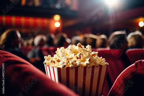 popcorn red cup on movie chair in cinema with empty space to place the text photo