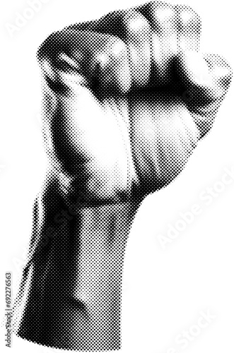 Fist hand gesture in halftone dots texture, isolated black and white vector design element