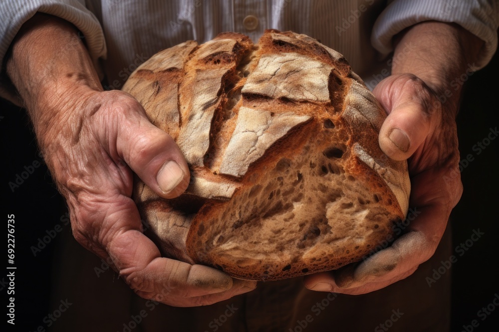 Close-up of an elder baker's hands, tenderly cradling a freshly baked sourdough loaf, showcasing the rich texture and love poured into the craft