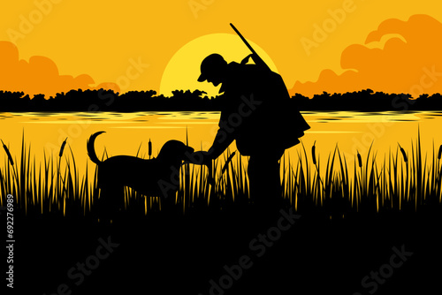 vector illustration of duck hunter on river in silhouette style