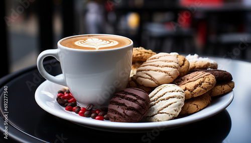 Freshly baked chocolate cookies on a wooden table with coffee generated by AI