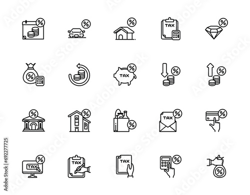 Set of outline icons related to tax. Editable stroke. Outline icons suitable for web, infographics, interface, and apps.