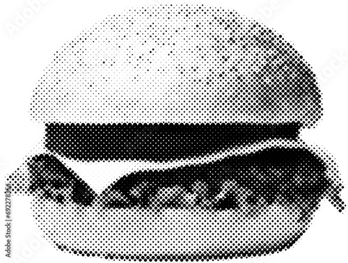 Burger in halftone dots texture, isolated black and white vector design element