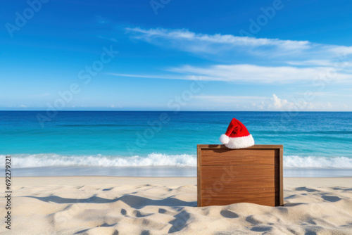 Santa hat perched on a wooden sign with the word 'Mesisty' handwritten, set against a vibrant beach and ocean backdrop, symbolizing a tropical holiday season.