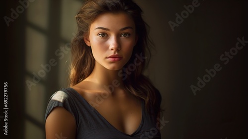 Portrait of an attractive young woman looks serious 