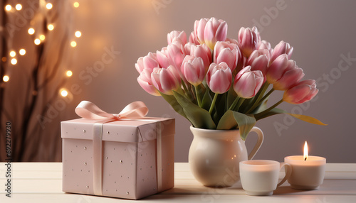A gift of love a pink tulip bouquet on a wooden table generated by AI #692279930