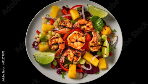 Grilled seafood and vegetable skewers with fresh tomato salad plate generated by AI