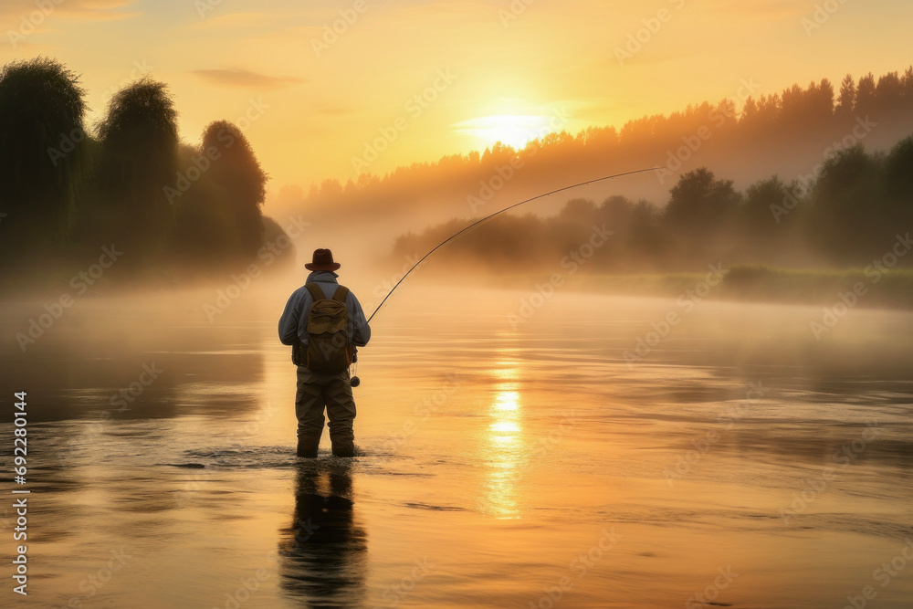Early morning solitude as a fisherman enjoys the peacefulness of a mist-covered river at sunrise. Early morning solitude as a fisherman enjoys the peacefulness of a mist-covered river at sunrise.