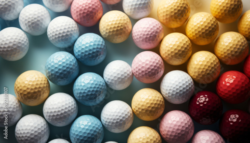 A row of vibrant golf balls, a sporty decoration generated by AI