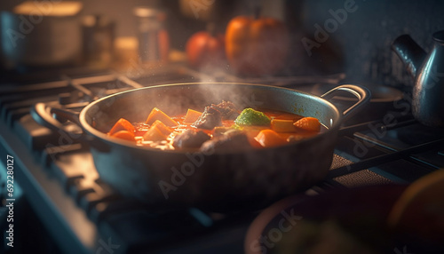 Fresh vegetables stewing on stove top for healthy lunch meal generated by AI