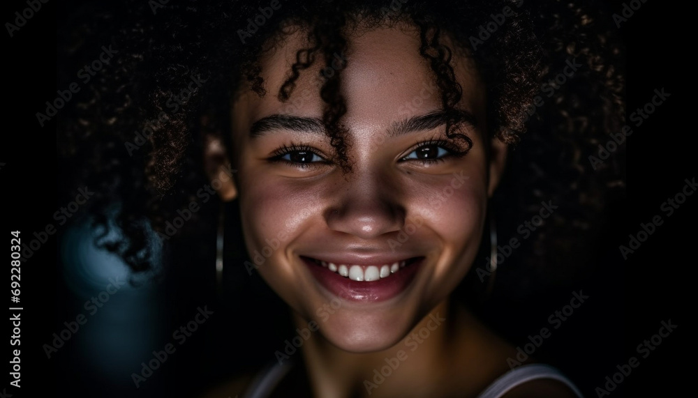 Beautiful young African woman with curly hair smiling at camera generated by AI
