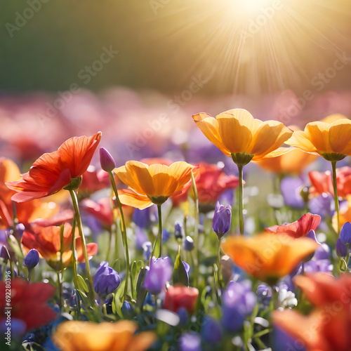 flower field in sunlight spring or summer garden background