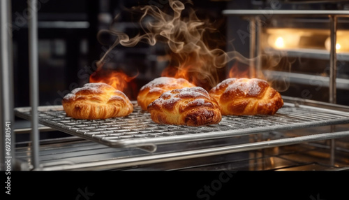 Grilled meat on plate, cooked to perfection over barbecue heat generated by AI