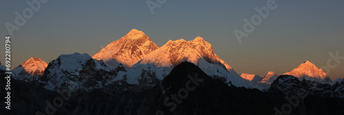Top of the world at sunset. Mount Everest and other high mountains, Nepal.
