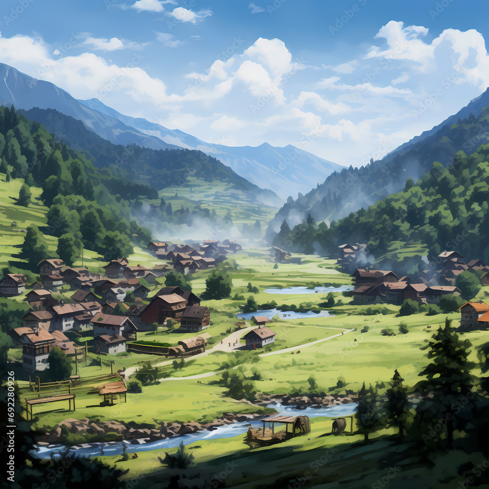A serene village nestled in a valley surrounded by pine-covered hills
