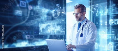 Doctor touching hand on digital tablet computer with health icons on virtual screen, medical technology network, smart health.