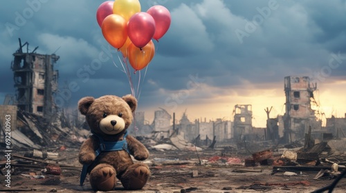 bombed city with a teddy bear abandoned by war