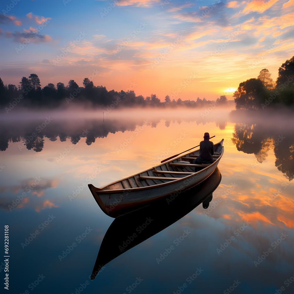 A lone rower in a wooden boat on a glassy pond at dawn