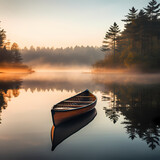 A lone rower in a wooden boat on a glassy pond at dawn
