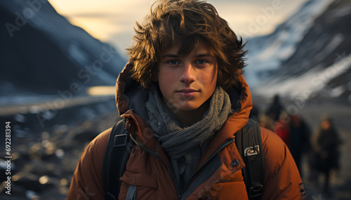A young man hiking in the winter mountains, smiling confidently generated by AI