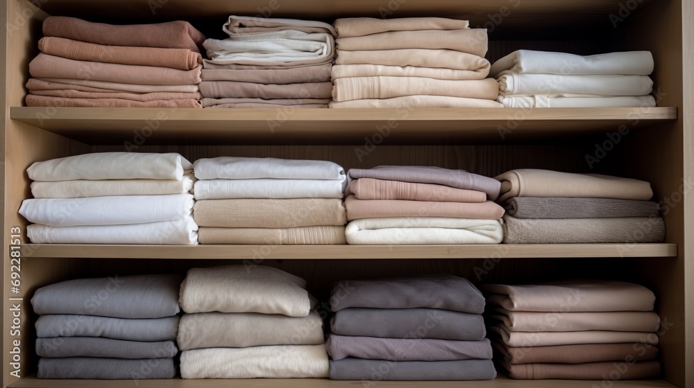A clean and tidy linen closet with shelves for different types of linens A clean and tidy linen closet with shelves for different types of linens
