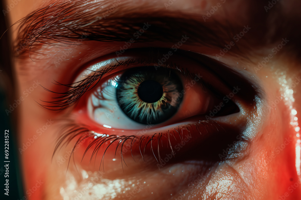 Tired eye close up. Man strained eye with. Burst capillaries in the