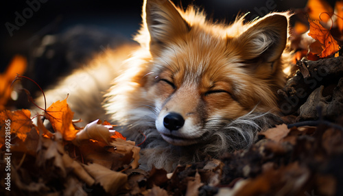 Cute puppy playing in the autumn forest, fluffy fur shining generated by AI