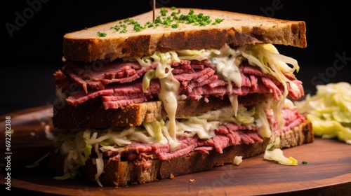 Classic and greasy corned beef and Swiss sandwich with tender corned beef, melted cheese, and tangy mustard