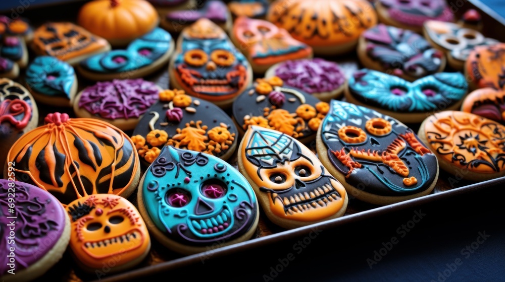 Close-up of a tray of Halloween-themed sugar cookies, decorated with intricate designs and vibrant colors, appealing to both children and adults