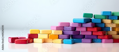 A fallen stack of colorful dominoes.