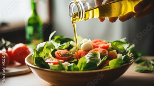 Close-up of a person's hand pouring olive oil into a salad, emphasizing the potential benefits of a Mediterranean diet for stroke prevention