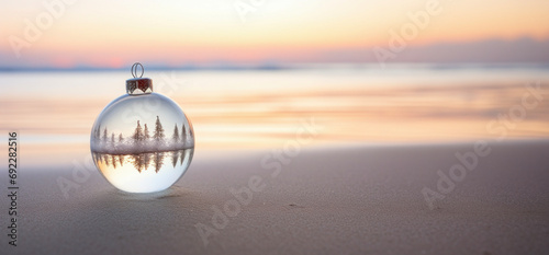 A solitary holiday bauble on a sandy beach  reflecting a pastel sunrise over the sea.