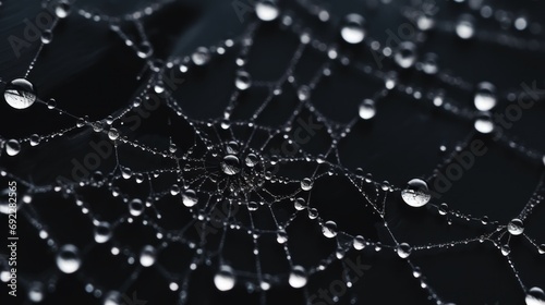 Close-up of a spiderweb adorned with dewdrops, adding a touch of creepiness and intrigue to Halloween imagery