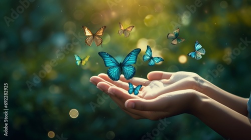 Conceptual image of hands releasing butterflies, symbolizing the transformation and hope for a better world on United Nations Day © KerXing