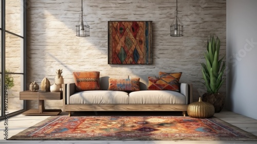 bohemian interior design, cozy living room ideas, rustic chic home decor, earth-toned furnishings bohemian style, earth tones, textured cushions, wooden wall, decorative rug, pendant lights