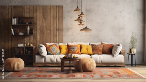 bohemian interior design, cozy living room ideas, rustic chic home decor, earth-toned furnishings bohemian style, earth tones, textured cushions, wooden wall, decorative rug, pendant lights photo