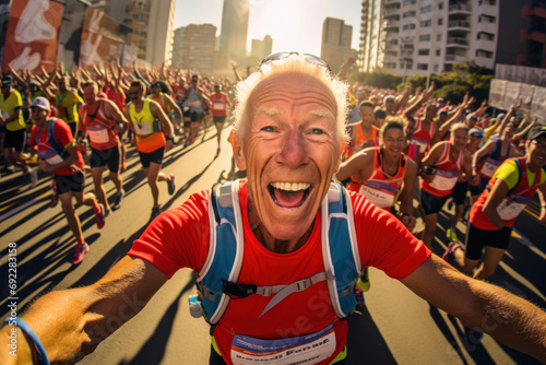 High-spirited senior athlete in a marathon, showcasing the joy of running, skyscrapers in the background..