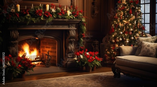 indoor, Christmas tree, fireplace, decorated mantelpiece, warm lighting, stockings, cozy atmosphere cozy Christmas living room, fireplace Christmas decoration, Christmas tree with lights, holiday home