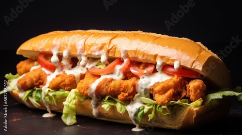Greasy and indulgent fried shrimp po' boy sandwich with a crispy coating and tangy remoulade sauce
