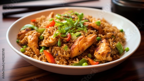Greasy and savory chicken fried rice with a medley of vegetables and soy sauce