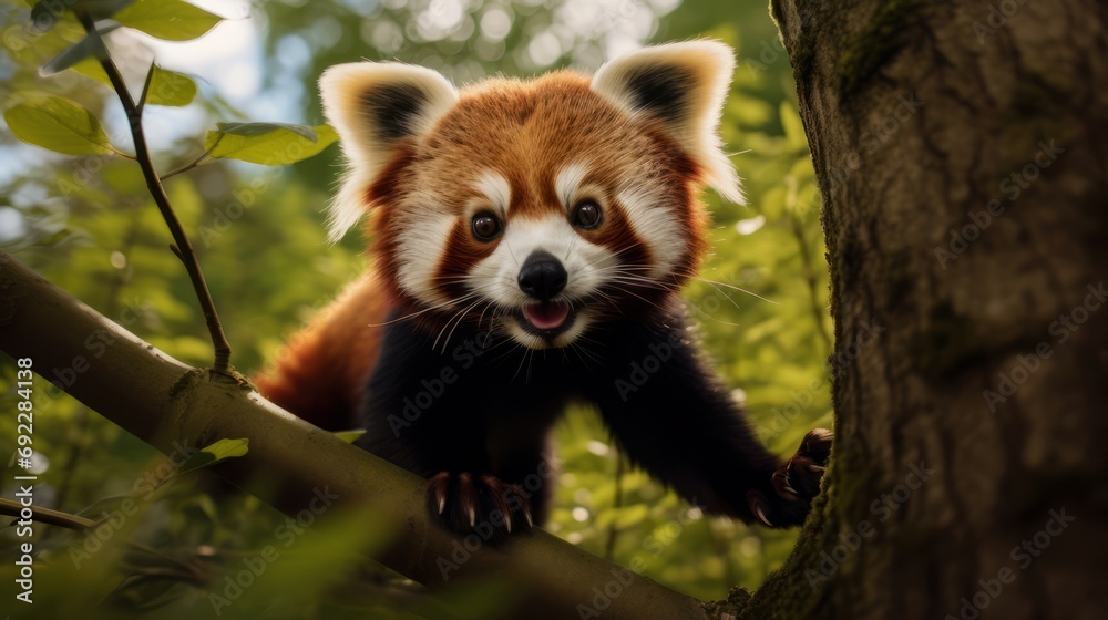 Fototapeta premium Playful red panda cub climbing a tree