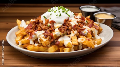 Plate of greasy and savory loaded waffle fries topped with cheese, bacon, and sour cream