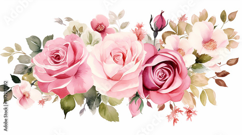 Watercolor flowers hand painting, floral vintage bouquets with pink and peach roses © Lalaland
