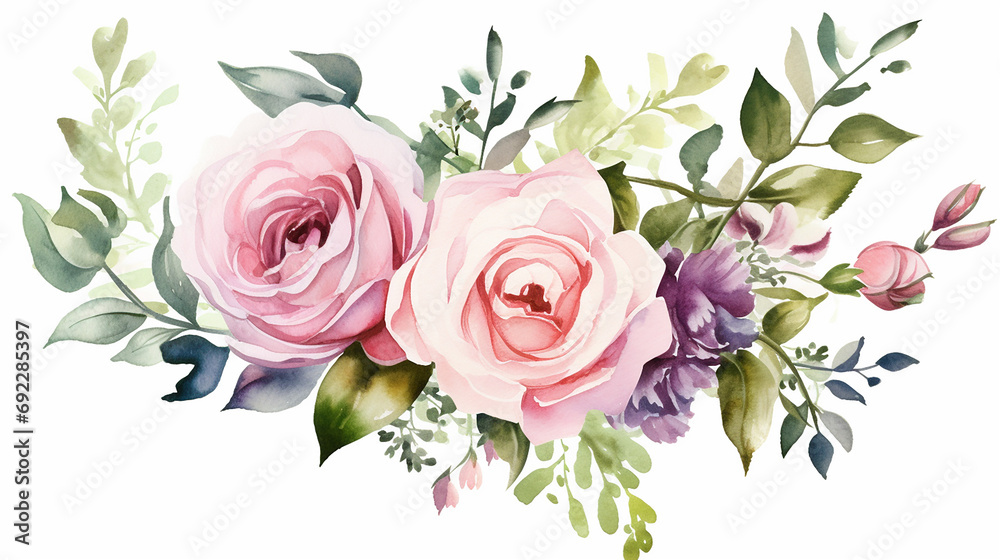 Watercolor flowers hand painting, floral vintage bouquets with pink and peach roses