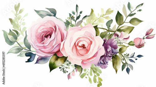 Watercolor flowers hand painting  floral vintage bouquets with pink and peach roses