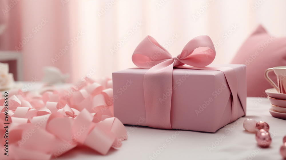 Pink gift box on blurred bokeh background Pink gift box on blurred bokeh background