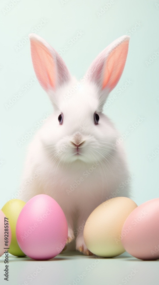 Cute white rabbit and easter eggs on pastel blue background Cute white rabbit and easter eggs on pastel blue background