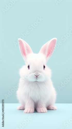 Cute white rabbit on pastel blue background. Copy space.